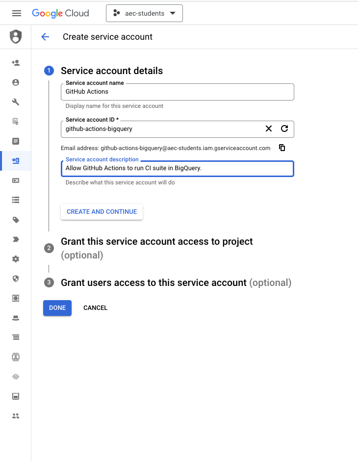 Screenshot of a BigQuery configuration page where a new service account is being screated.